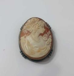 Antika Victorian 925 Gümüş Hakiki Shell Cameo Kolye Ucu Broş