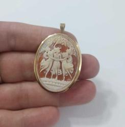 Vintage 14 Ayar Altın Hakiki Shell Cameo Three Graces  Kolye Ucu Broş MİLOR  İtalya