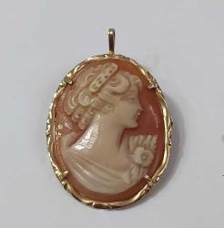 Vintage 14 Ayar Altın Hakiki Shell Cameo Bayan Portre  Kolye Ucu Broş  İtalya