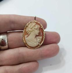Vintage 14 Ayar Altın Hakiki Shell Cameo Bayan Portre  Kolye Ucu Broş  İtalya