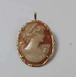 Vintage 14 Ayar Altın Hakiki Shell Cameo Bayan Portre  Kolye Ucu Broş  İtalya