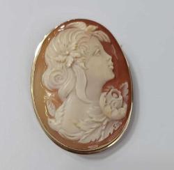 Vintage 14 Ayar Altın Hakiki Shell Cameo Bayan Portre  Kolye Ucu Broş  İtalya