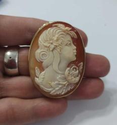 Vintage 14 Ayar Altın Hakiki Shell Cameo Bayan Portre  Kolye Ucu Broş  İtalya