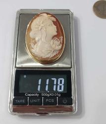 Vintage 14 Ayar Altın Hakiki Shell Cameo Bayan Portre  Kolye Ucu Broş  İtalya