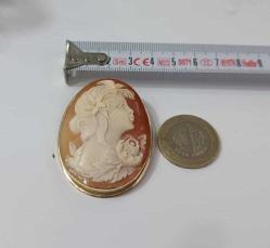 Vintage 14 Ayar Altın Hakiki Shell Cameo Bayan Portre  Kolye Ucu Broş  İtalya