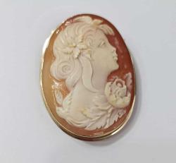 Vintage 14 Ayar Altın Hakiki Shell Cameo Bayan Portre  Kolye Ucu Broş  İtalya