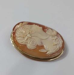 Vintage 14 Ayar Altın Hakiki Shell Cameo Bayan Portre  Kolye Ucu Broş  İtalya