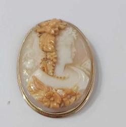 Vintage 14 Ayar Altın Hakiki Shell Cameo Bayan Portre  Kolye Ucu Broş  İtalya