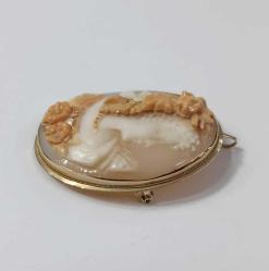 Vintage 14 Ayar Altın Hakiki Shell Cameo Bayan Portre  Kolye Ucu Broş  İtalya