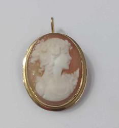 Vintage 18 Ayar Altın Hakiki Shell Cameo Bayan Portre  Kolye Ucu Broş  İtalya