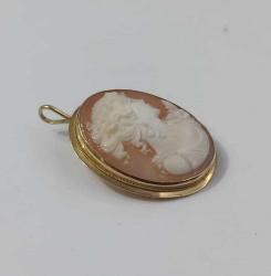 Vintage 18 Ayar Altın Hakiki Shell Cameo Bayan Portre  Kolye Ucu Broş  İtalya