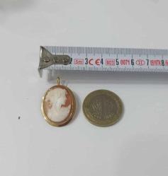 Vintage 18 Ayar Altın Hakiki Shell Cameo Bayan Portre  Kolye Ucu Broş  İtalya
