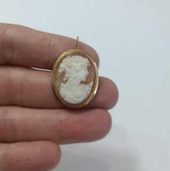 Vintage 18 Ayar Altın Hakiki Shell Cameo Bayan Portre  Kolye Ucu Broş  İtalya