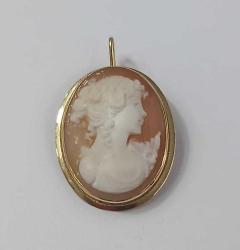 Vintage 18 Ayar Altın Hakiki Shell Cameo Bayan Portre  Kolye Ucu Broş  İtalya