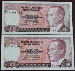 Türkiye Cumhuriyeti  7. Emisyon 2. Tertip 100 Lira E11 266241/ E82 671064 Farklı Filigran Takım Çil