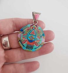 Vintage 925 Ayar Gümüş Tom Taylor Micro İnlay Taşlarla Bezeli Kolye Ucu Navajo Tılsım serisi