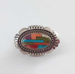 Vintage 925 Ayar Gümüş Micro İnlay Taşlarla Bezenmiş Küpe Navajo Amerika