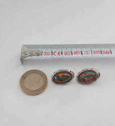 Vintage 925 Ayar Gümüş Micro İnlay Taşlarla Bezenmiş Küpe Navajo Amerika