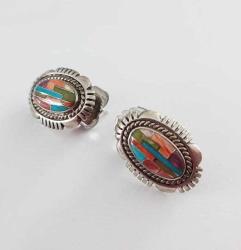 Vintage 925 Ayar Gümüş Micro İnlay Taşlarla Bezenmiş Küpe Navajo Amerika