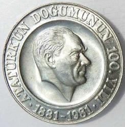 Atatürk'ün Doğumunun 100. Yılı, 1981 Gümüş 0,925 Ayar-21,87 Gr