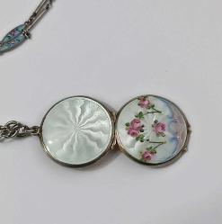 Antika Art Deco 935 Ayar Gümüş Guilloche Mineli Çift Taraflı Locket Resimlik Kolye Ucu Kolye Amerika