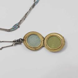 Antika Art Deco 935 Ayar Gümüş Guilloche Mineli Çift Taraflı Locket Resimlik Kolye Ucu Kolye Amerika