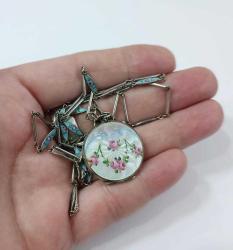 Antika Art Deco 935 Ayar Gümüş Guilloche Mineli Çift Taraflı Locket Resimlik Kolye Ucu Kolye Amerika