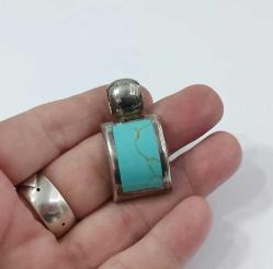 Vintage 925 Gümüş Turkuaz Kakmalı Kolye Ucu Meksika