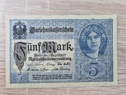 Almanya 1917 – 5 Mark Darlehnskassenschein [EF/AU] • Orijinal WW1 Savaş Dönemi Banknotu