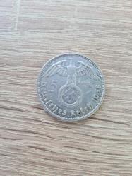Almanya 1938 – 5 Reichsmark Hindenburg (%90 Gümüş, 13.99 g) • Orijinal