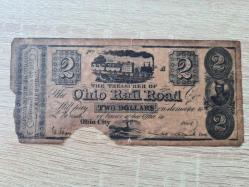 ÇOK NADİR -İkili Lot — ABD Kâğıt Para Tarihi: Ohio Rail Road $2 “Obsolete Scrip” (c.1838–40’lar, RW&H gravür) + Confederate States of America $20 (1864, mavi arka) | Orijinal | Tarihî belge