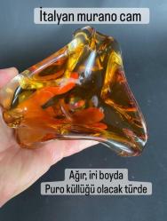 İtalyan murano cam küllük el işi imalat kehribar renkli iri boyda