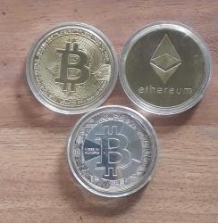 1 adet altın kaplama bitkoin 1 adet altın kaplama etriyum 1 adet gümüşhane kaplama   bitkoin
