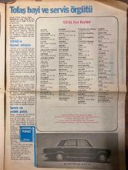 HÜRRİYET GAZETESİ TOFAŞ İLAVESİ DOĞUM GÜNÜ HEDİYESİ - 11 NİSAN 1973 - TAM TAKIM 8 SAYFADIR -Otomotiv sanayii, ekonomik gelişmenin itici gücü… otomobil, toplumda refaha uzanan yolun müjdecisidir! - Tofaş fabrikası - Tofaş’ın üretim gücü - Otomobil ve Ekonomi - Murat 124’teki yerli muhteva - Tofaş fabrikası’nda üretim sistemi - Otomobil ve Ekonomi - Sayılarla Tofaş - Murat 124’ün dıştan görülmeyen özellikleri - Murat 124’teki “Gövde - Şasi” - Türkiye’nin tek otomobil deneme pisti - Tofaş bayi ve servis örgütü - Tofaş’ın hizmet anlayışı - Servis ve Yedek Parça - FIAT ve TOFAŞ
