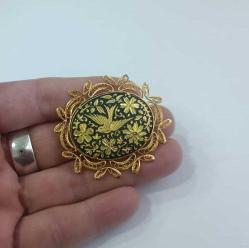 Retro 24 Ayar Altın Kakma Kuş Figürlü Toledo Broş