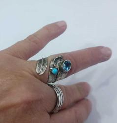 Vintage 925 Gümüş Mavi Topaz ve Arizona Turkuazı Yüzük Navajo Amerika