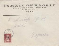 1952 UŞAK FINDIK DAMGALI VE FİRMA ANTETLİ ISPARTA'YA GÖNDERİLMİŞ ATA TEK PULLU ZARF. (İÇİNDE OSMANLICA MEKTUBU İLE BİRLİKTE)