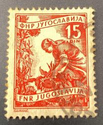 Yugoslavya Pulu - Yugoslavia Stamp - Postadan Geçmiş Pul Filateli -  DAMGALI - AYÇİÇEĞİ TOPLAYAN KÖYLÜ KADIN TEMALI PUL, 15 PARA - YABANCI PULLAR-NOSTALJİK DOĞUM GÜNÜ HEDİYESİ