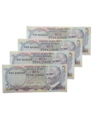 6. Emisyon 5 Türk Lirası 4 Adet Sıralı  Cumhuriyet Dönemi Koleksiyon Kağıt Para.