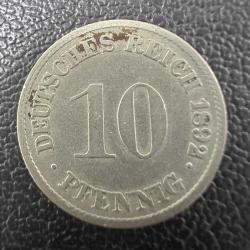 Nadir (R) Karlsruhe Darbı. Alman İmparatorluğu 10 Pfennig 1892 G. Almanya. 300k Basım.