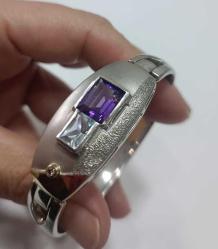 Vintage  Özel Yapım 925 Ayar Gümüş ve 18 Ayar Altın Mavi Topaz Ametist ve Hakiki Pırlanta Taşlı Bilezik Bileklik