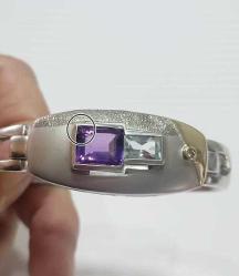 Vintage  Özel Yapım 925 Ayar Gümüş ve 18 Ayar Altın Mavi Topaz Ametist ve Hakiki Pırlanta Taşlı Bilezik Bileklik