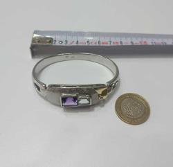 Vintage  Özel Yapım 925 Ayar Gümüş ve 18 Ayar Altın Mavi Topaz Ametist ve Hakiki Pırlanta Taşlı Bilezik Bileklik