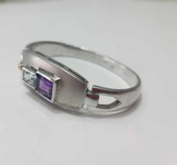 Vintage  Özel Yapım 925 Ayar Gümüş ve 18 Ayar Altın Mavi Topaz Ametist ve Hakiki Pırlanta Taşlı Bilezik Bileklik