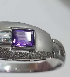 Vintage  Özel Yapım 925 Ayar Gümüş ve 18 Ayar Altın Mavi Topaz Ametist ve Hakiki Pırlanta Taşlı Bilezik Bileklik