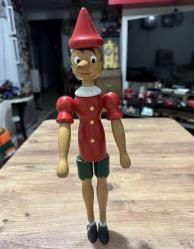 Pinokyo Hareketli Kolları ve Bacakları Olan Büyük Vintage Pinokyo Ahşap Biblo Figürü Boy 33 cm