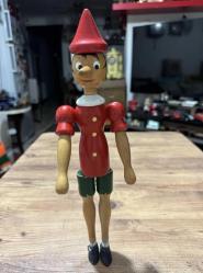 Pinokyo Hareketli Kolları ve Bacakları Olan Büyük Vintage Pinokyo Ahşap Biblo Figürü Boy 33 cm