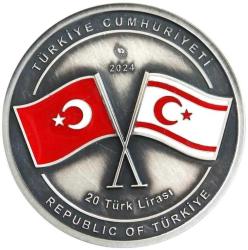 KIBRIS BARIŞ HAREKATI'NIN 50. YIL DÖNÜMÜ 20 LİRA 2024 GÜMÜŞ. 3000 BASKI. SERİ NOLU SERTİFİKALI-KAPSÜLÜNDE 31,1 gr ÇİL