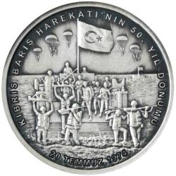 KIBRIS BARIŞ HAREKATI'NIN 50. YIL DÖNÜMÜ 20 LİRA 2024 GÜMÜŞ. 3000 BASKI. SERİ NOLU SERTİFİKALI-KAPSÜLÜNDE 31,1 gr ÇİL