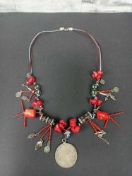 Eskilerden Osmanlı Para Detaylı Doğal Mercan ve Turkuaz Taşlı Kolye